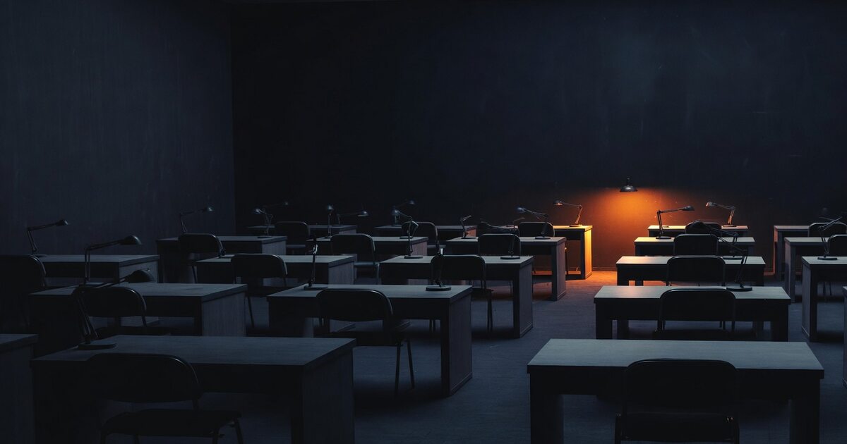 An emptied office, one light still on