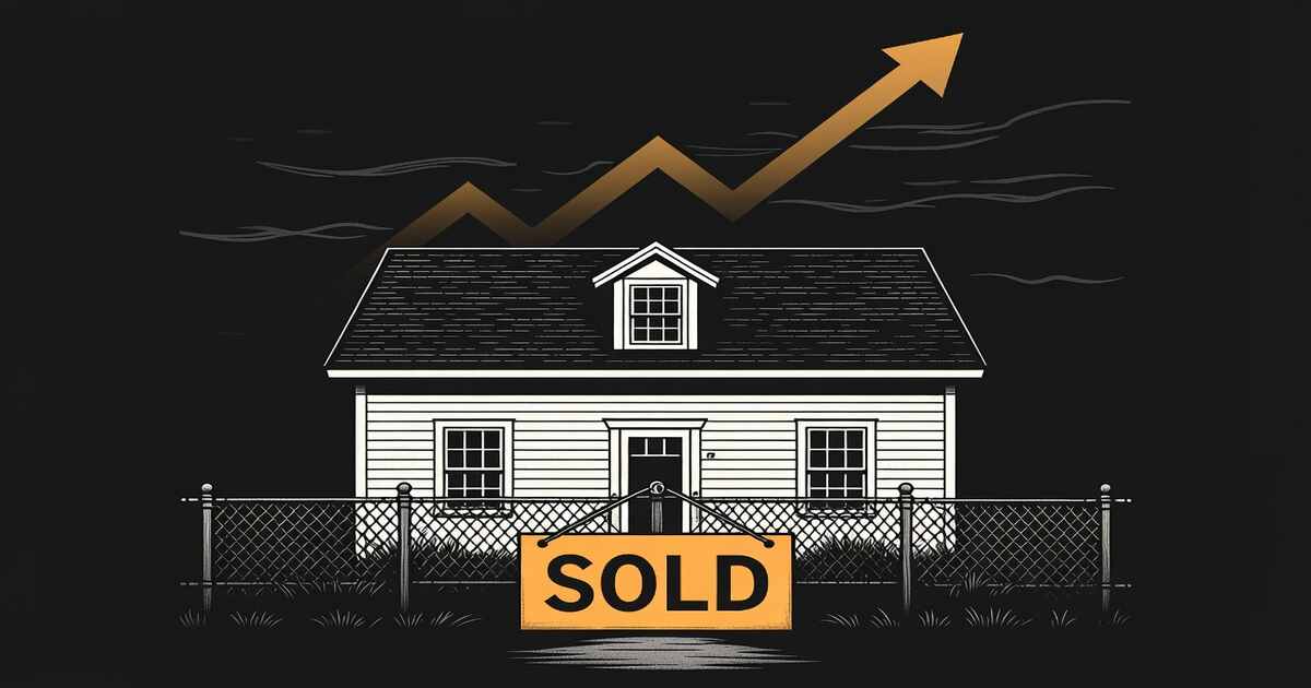 Illustration of a shingled Cape Cod cottage behind a chain-link fence with an amber SOLD sign and a rising price arrow