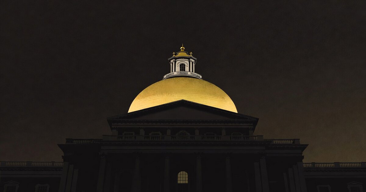Illustration of the Massachusetts State House gold dome lit amber against a near-black night sky